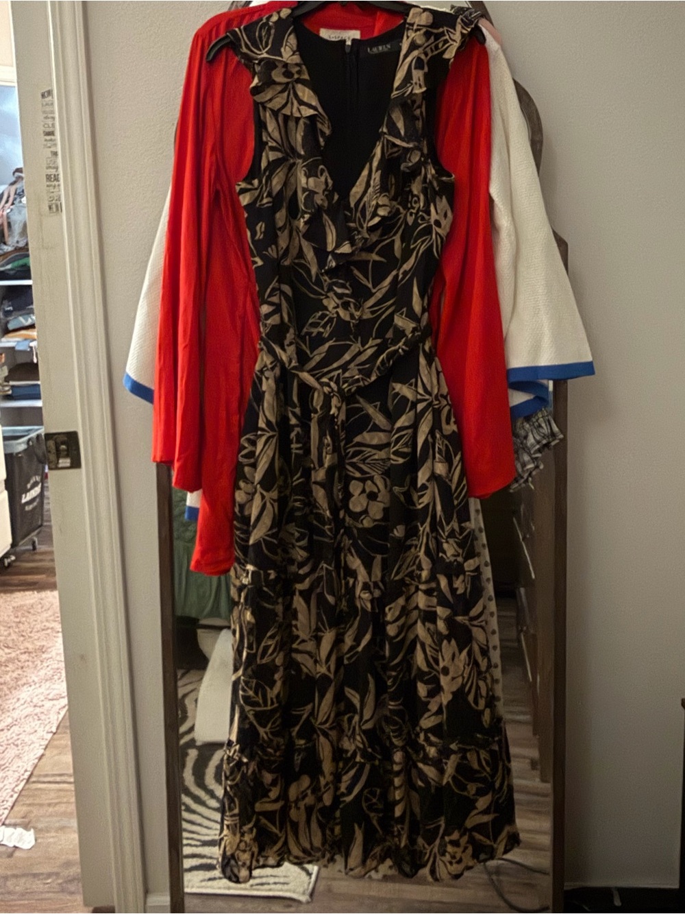 Ralph Lauren Black & Beige Floral Maxi Dress with Tie Waist